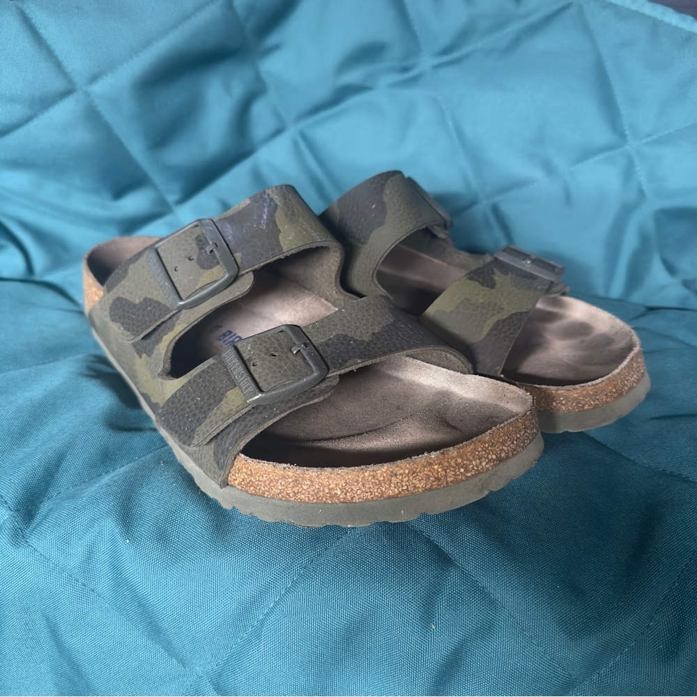 Birkenstock Arizona Green and Brown camouflage sandals with soft Footbed